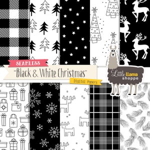 Carta digitale natalizia in bianco e nero, motivi di superficie doodle senza soluzione di continuità in bianco e nero, alberi di Natale, renne, uso commerciale