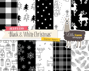 Black and White Christmas Digital Paper, B&W Seamless Doodle Surface Patterns, Christmas Trees, Reindeer, Commercial Use