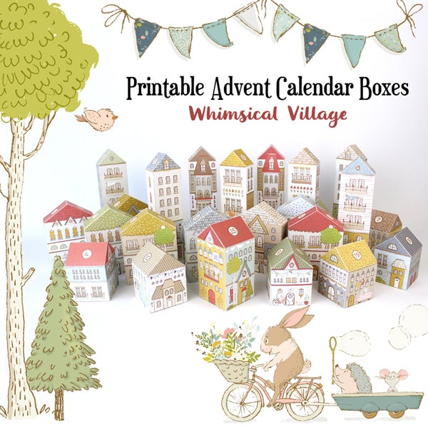 Calendario de Adviento, Cajas de Pueblo Navideño imprimibles PDF, Cuenta atrás para Navidad