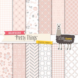 May include: A set of 10 digital papers featuring seamless patterns in pink and gray. The patterns include geometric shapes, floral designs, and chevron stripes. The text "Seamless "Pretty Things" Digital Papers" is displayed at the top of the image.