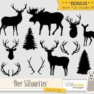 Deer Silhouette Clipart, Moose Silhouette Clip Art Vector, Deer Antlers, Deer Head Taxidermy, Black Deer Silhouette, Commercial Use image 1