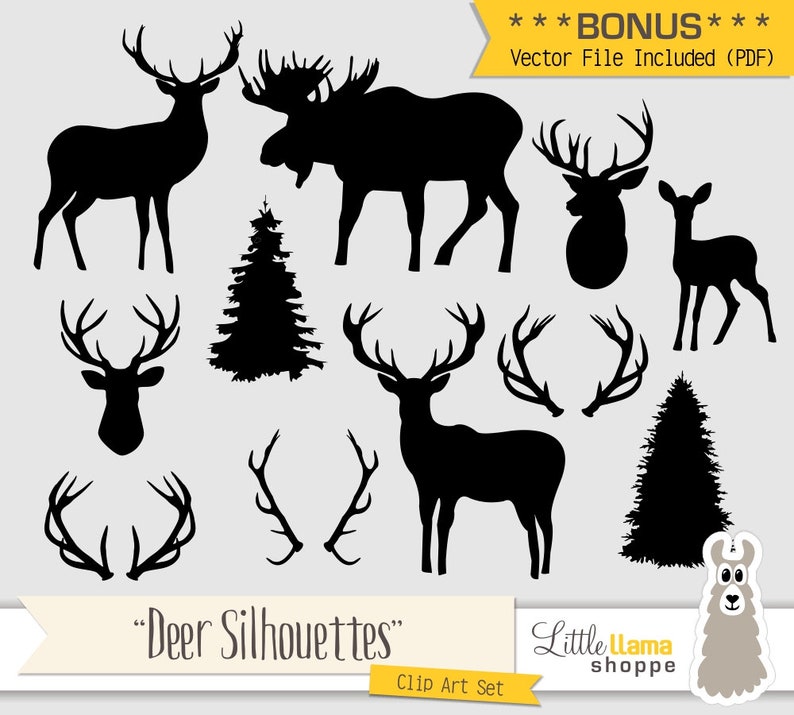 Deer Silhouette Clipart, Moose Silhouette Clip Art Vector, Deer Antlers, Deer Head Taxidermy, Black Deer Silhouette, Commercial Use image 1