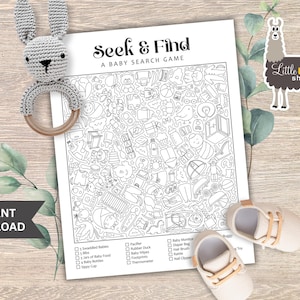 May include: A baby search game titled "Seek & Find" with a detailed black and white illustration. A grey crochet bunny rattle and a pair of beige baby shoes are next to the game. The words "Instant Download" are also visible.