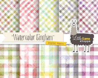 Gingham Digital Paper, Watercolour Digital Backgrounds, Plaid Digital Paper, Checked Pattern, Commercial Use