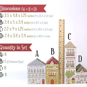 Image showing the dimensions and quantities of each of the four house sizes in the printable advent calendar set.