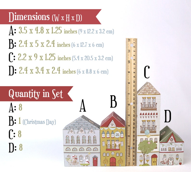 Image showing the dimensions and quantities of each of the four house sizes in the printable advent calendar set.