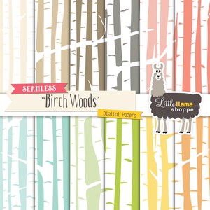 May include: A set of 10 digital papers featuring a seamless pattern of white birch trees on various colored backgrounds. The colors include beige, brown, gray, teal, green, yellow, orange, and pink. The papers are labeled "Seamless "Birch Woods" Digital Papers" and feature a llama illustration with the text "Little Llama Shoppe".