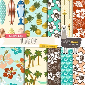 May include: A set of 10 digital papers featuring a variety of Hawaiian-themed patterns, including pineapples, hibiscus flowers, palm trees, surfboards, and waves. The papers are ideal for scrapbooking, card making, and other crafting projects.