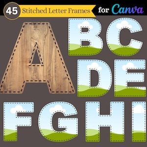 Marcos de letras cosidas para Canva / Juego de 45 marcos de fuente en negrita / Alfabeto cosido, números, caracteres especiales