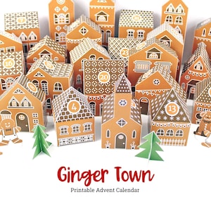 May include: A printable gingerbread house advent calendar with 24 houses, each with a number from 1 to 24. The houses are decorated with white icing and gingerbread details. The calendar is titled "Ginger Town Printable Advent Calendar".