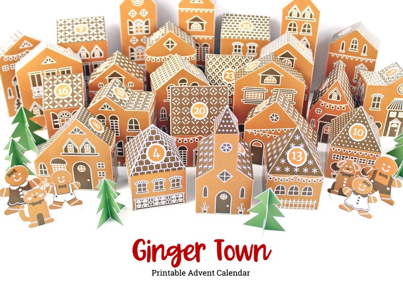 May include: A printable gingerbread house advent calendar with 24 houses, each with a number from 1 to 24. The houses are decorated with white icing and gingerbread details. The calendar is titled "Ginger Town Printable Advent Calendar".