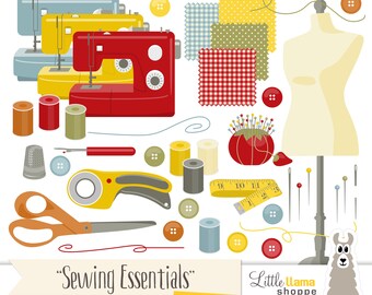 Sewing Clip Art, Sewing Essentials Clipart, Sewing Machine Clips, Thread, Needles, Fabric, Dress Form, Commercial Use