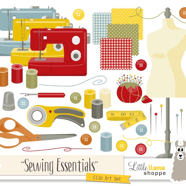 Sewing Clip Art, Sewing Essentials Clipart, Sewing Machine Clips, Thread, Needles, Fabric, Dress Form, Commercial Use