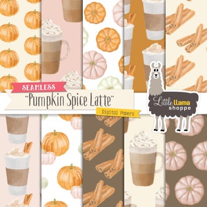 Pumpkin Spice Latte Seamless Digital Paper, Watercolor Autumn Repeating Surface Patterns, Commercial Use