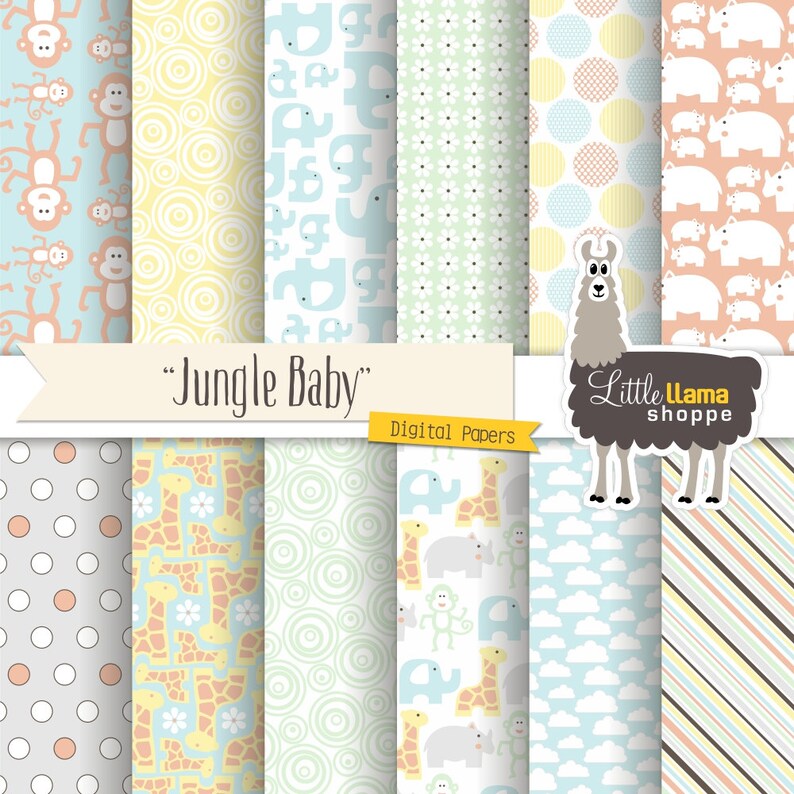 Baby Digital Scrapbook Paper Jungle Animals Paper Pack Etsy
