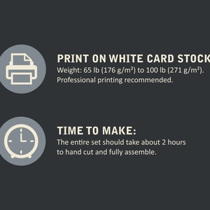 An image that explains to print the advent calendar on white card stock paper, and the time make the set, about 2 hours