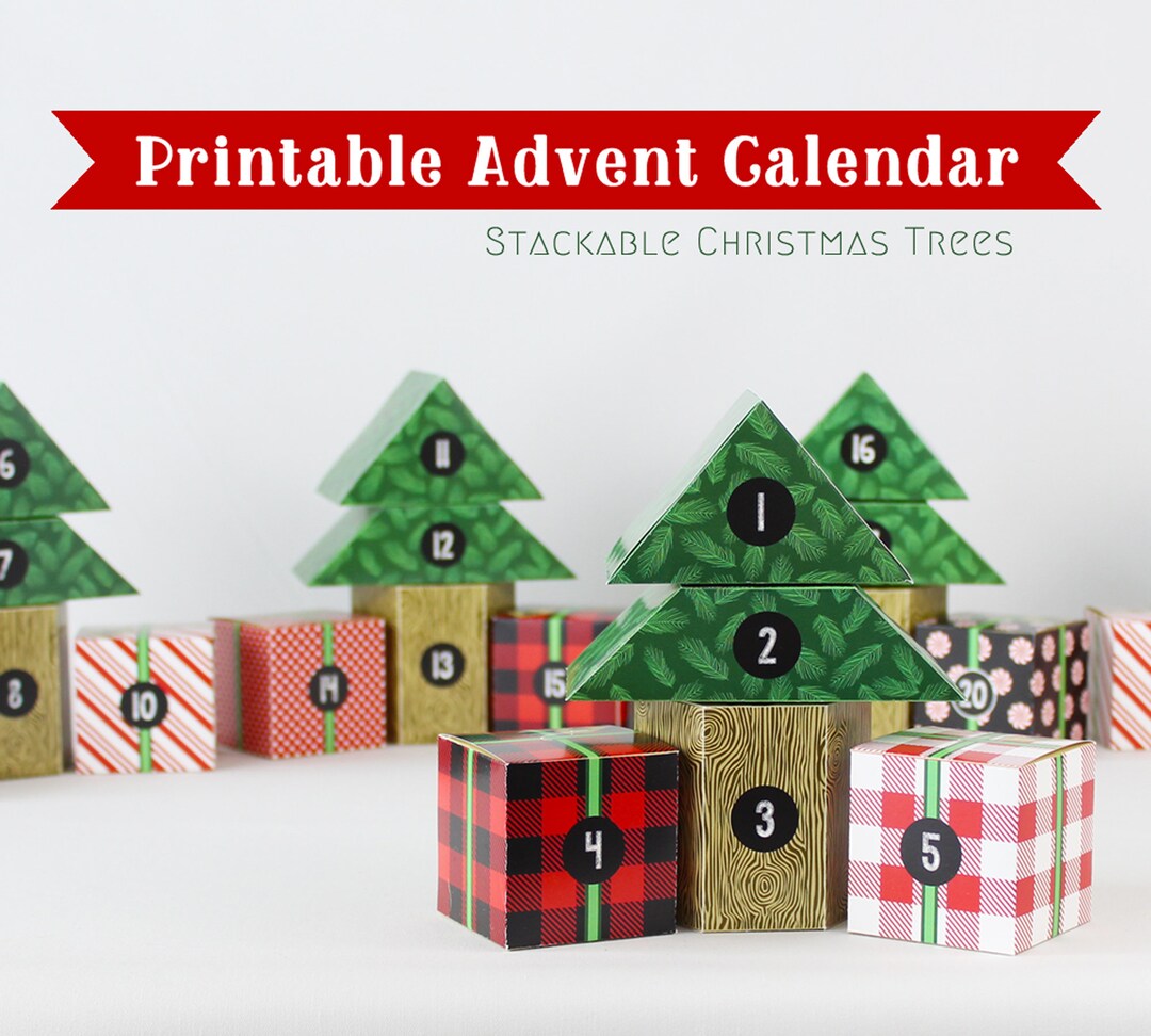 Advent Calendar Printable PDF, DIY Stackable Christmas Trees and Gift