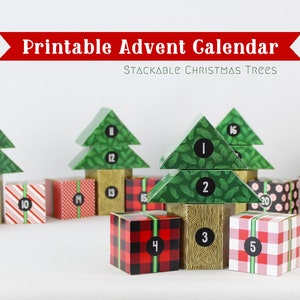 Advent Calendar Printable PDF, DIY Stackable Christmas Trees and Gift Boxes