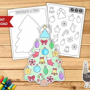 May include: A Christmas-themed printable activity set featuring a tree outline, a decorated tree, and a sheet of ornaments. The decorated tree is adorned with colorful ornaments, bows, and candy canes. The words "Decorate a Tree" are visible.