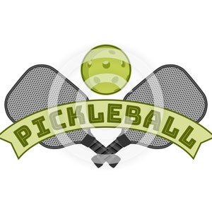 K&ouml;nnte beinhalten: Ein gr&uuml;ner Pickleball mit zwei gekreuzten schwarzen und grauen Pickleball-Schl&auml;gern und einem gr&uuml;nen Banner mit dem Wort "PICKLEBALL" in wei&szlig;en Buchstaben.