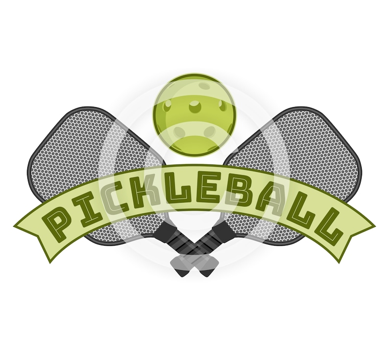 K&ouml;nnte beinhalten: Ein gr&uuml;ner Pickleball mit zwei gekreuzten schwarzen und grauen Pickleball-Schl&auml;gern und einem gr&uuml;nen Banner mit dem Wort "PICKLEBALL" in wei&szlig;en Buchstaben.