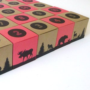 A set of 25 printable advent calendar boxes featuring a woodland forest theme