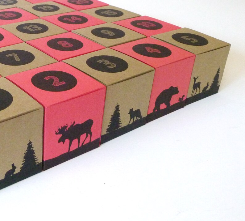 A set of 25 printable advent calendar boxes featuring a woodland forest theme