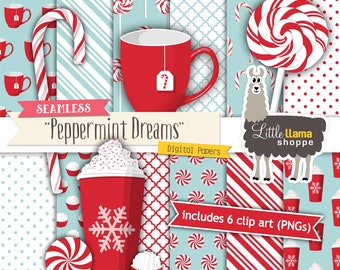 Seamless Peppermint Christmas Digital Paper & Clipart, Peppermint Surface Patterns, Digital Backgrounds, Candy Cane Clip Art