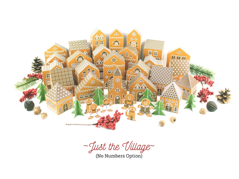 May include: A gingerbread village with houses, trees, and gingerbread people. The houses are decorated with icing and candy. The text "Just the Village (No Numbers Option)" is printed below the village.