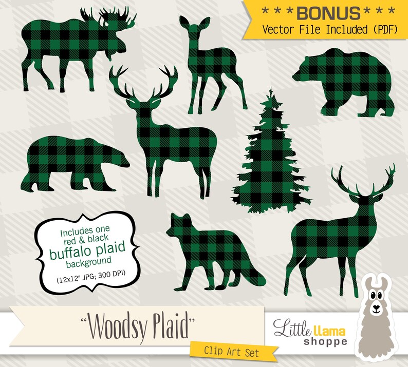 Buffalo Plaid Clipart Green &amp; Black Plaid Animal Silhouettes | Etsy