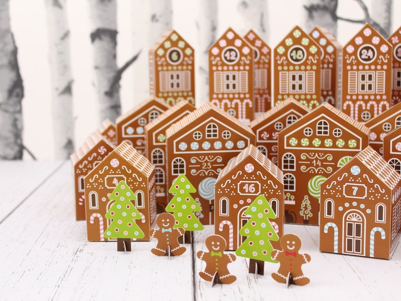 Printable Advent Calendar, Gingerbread Houses, DIY Paper Christmas Village image 3