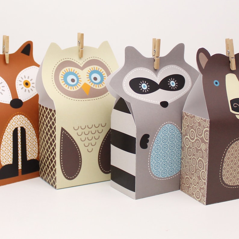 Printable Woodland Favors, Forest Party Favour Boxes, Fox Owl Raccoon Bear Hedgehog Printable Boxes, Lumberjack Theme image 5