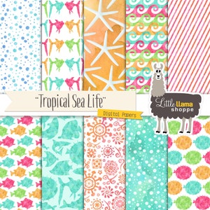 Watercolor Tropical Fish Digital Paper: Sea Life Backgrounds (Digital Download)