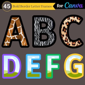 Marcos de Canva con fuente sans serif y borde en negrita / Juego de 45 marcos con alfabeto / Letras, números y caracteres especiales personalizados de Canva