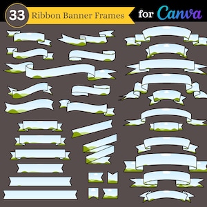 May include: 33 ribbon banner frames for Canva. The frames are white with a blue sky and green grass background. The frames are in various shapes and sizes.