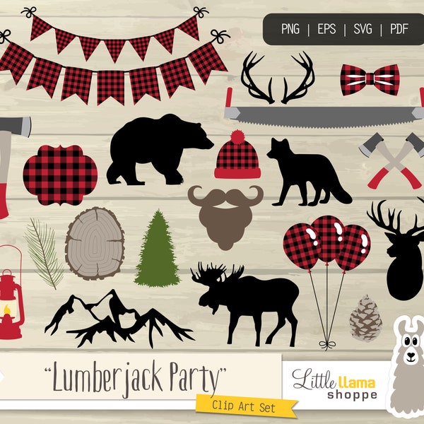 Lumberjack Party Clip Art, Vector Lumberjack Plaid Clipart, Woodland Clipart, Red Flannel Clipart, Lumberjack Birthday, Commercial Use