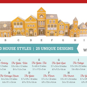 May include: Ten different styles of gingerbread house papercraft templates, with measurements in inches and centimeters. The designs include The Mid-Century, The Gable Wide, The Gable Tall, The Split-Level, The Cottage, The Carriage House, The Gable, The Manor, The Church, and The Gable Stout.