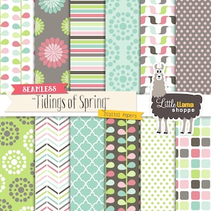 Op de afbeelding: Een set van 12 digitale papieren met lentethema-patronen in tinten groen, roze, bruin en wit. De patronen omvatten stippen, strepen, chevron, bloemen en bladeren. De papieren zijn gelabeld met "Seamless Tidings of Spring" en "Digital Papers".