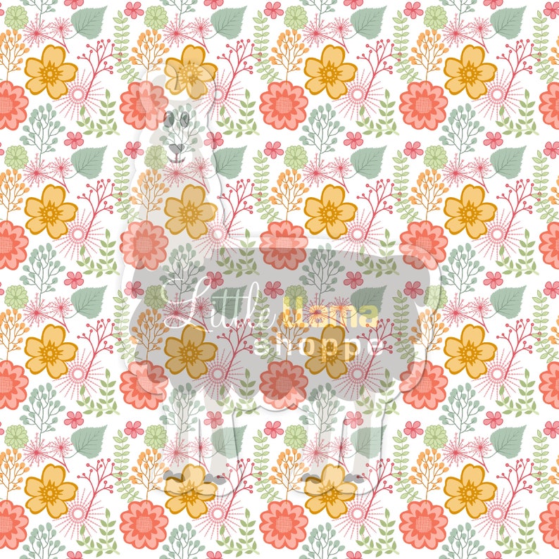 May include: A seamless pattern featuring a white background with a repeating design of yellow, orange, and pink flowers with green leaves and stems.