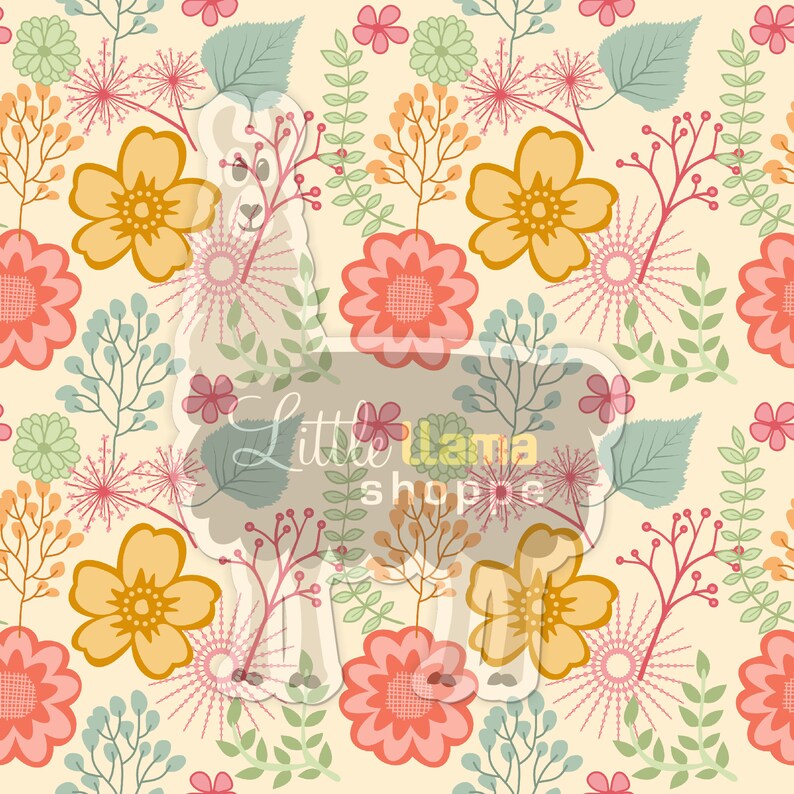May include: A seamless pattern featuring a llama silhouette with a floral design. The background is a light cream color and the flowers are in shades of pink, yellow, and green.