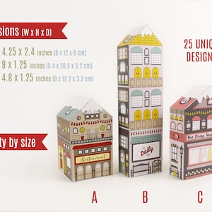 Image showing samples of the three house sizes available in the printable advent calendar set, and listing their finished dimensions and quantities