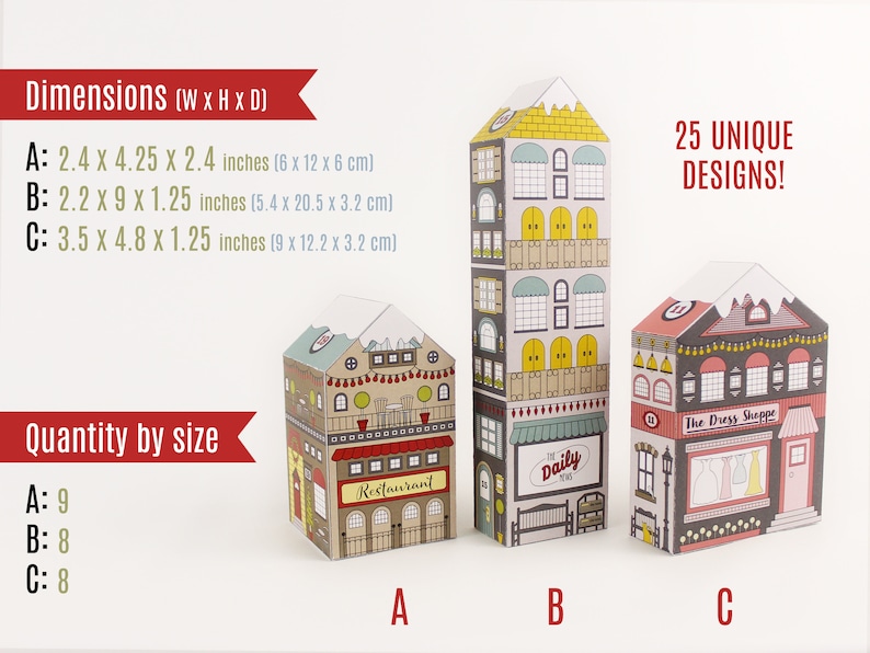 Image showing samples of the three house sizes available in the printable advent calendar set, and listing their finished dimensions and quantities