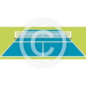K&ouml;nnte beinhalten: Ein blauer Tennisplatz mit einem wei&szlig;en Netz und gr&uuml;nem Rasen.