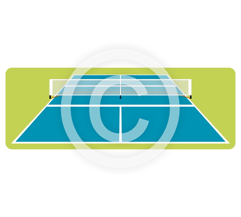 K&ouml;nnte beinhalten: Ein blauer Tennisplatz mit einem wei&szlig;en Netz und gr&uuml;nem Rasen.