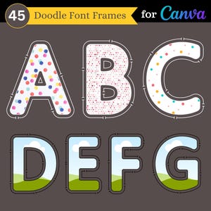 Marcos de fuentes Doodle para Canva / Conjunto de 45 marcos de alfabeto / Letras, números, caracteres especiales