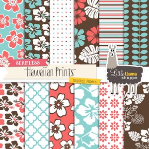 Seamless Hawaiian Prints Digital Paper Pack, Hawaii Surface Patterns, Hibiscus Digital Paper, Instant Download, Turquoise Coral