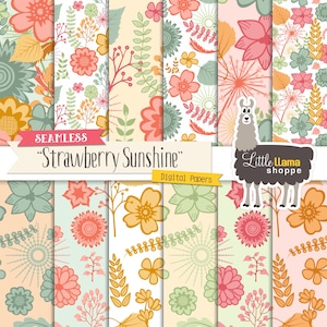 May include: A set of six digital papers featuring a seamless pattern of colorful flowers, leaves, and geometric shapes. The papers are titled "Strawberry Sunshine" and are perfect for crafting and scrapbooking projects.