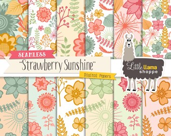 Floral Digital Papers, Seamless Floral Digital Backgrounds, Retro Floral Digital Paper Pack, Commercial Use, Summer Flowers