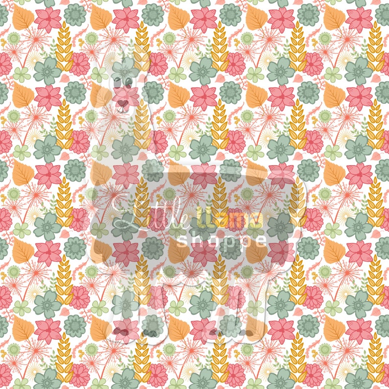 May include: A seamless pattern featuring a variety of floral designs in shades of pink, green, and yellow on a white background. The flowers are stylized and have a whimsical feel. The pattern is perfect for use in crafting projects, home decor, and fashion.
