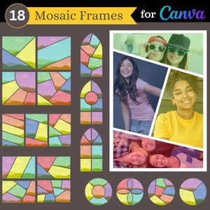 Puede incluir: Imagen que presenta 18 marcos de mosaico para Canva, con diseños coloridos de estilo vidriera. La imagen incluye un collage de fotos y el texto "Mosaic Frames for Canva". El fondo es de color gris oscuro.